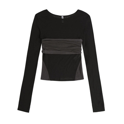 OJOS 拼色分层天丝长袖圆领T恤女修身显瘦内搭上衣