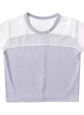 OJOS 简约拼色透视网纱设计感圆领短袖T恤女