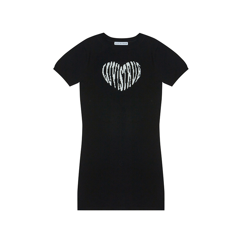 LUVISTRUE 美式复古爱心印花圆领短袖针织修身连衣裙