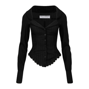 SCULPTOR 上衣收腰衬衣 蕾丝花边条纹衬衫 女纯欲甜辣妹短款