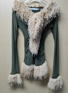 SCULPTOR时尚毛茸装饰修身内搭上衣女士网纱微透长袖打底衫春秋