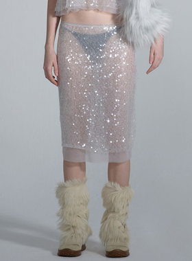 SCULPTOR闪闪亮片双层迷笛中长裙女士气质感半身直筒裙