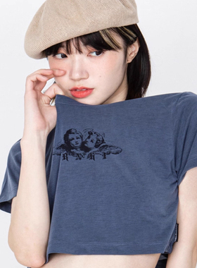 秒发runningHIGH少女bm风超短天使印花短袖T恤韩国代购