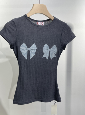 SCULPTOR蝴蝶结白色正肩短袖T恤女25夏季修身显瘦美式飞袖上衣