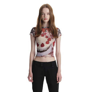 花边透视草莓蛋糕印花T恤 纯欲风网纱y2k性感修身 CLUT STUDIO