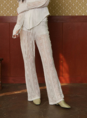 OJOS 气质显瘦镂空针织透视复古弹力腰身直筒蕾丝饰质感长裤