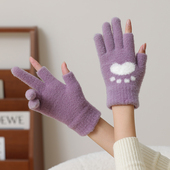 露二指手套女款 冬保暖加厚防寒毛线针织触屏学生写字防寒工作打字