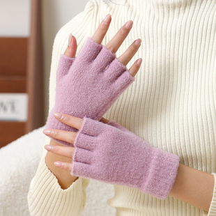 半指手套针织毛线保暖秋冬季学生写字成人工作男女同款露五指黑色