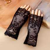 防晒开车蕾丝女手套夏薄款 半指防紫外线半截手套露指舞蹈礼仪时尚