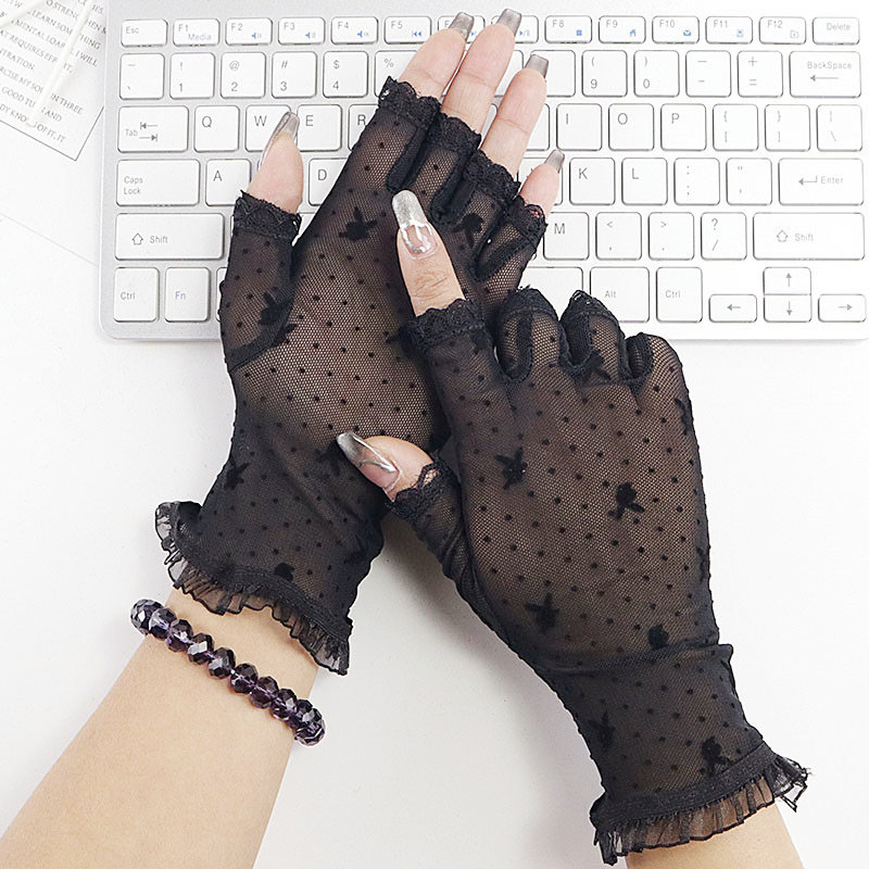 夏季蕾丝半手套女防晒防紫外线网纱弹力透气韩版弹力透气开车遮阳