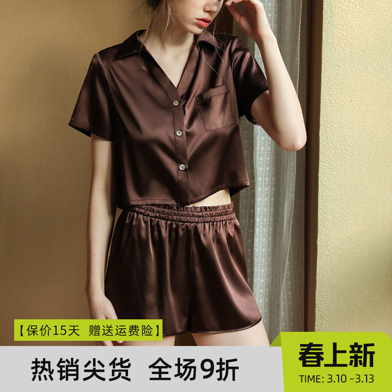 真丝睡衣女夏天桑蚕丝短款上衣丝绸家居服宽松短袖短裤薄款套装