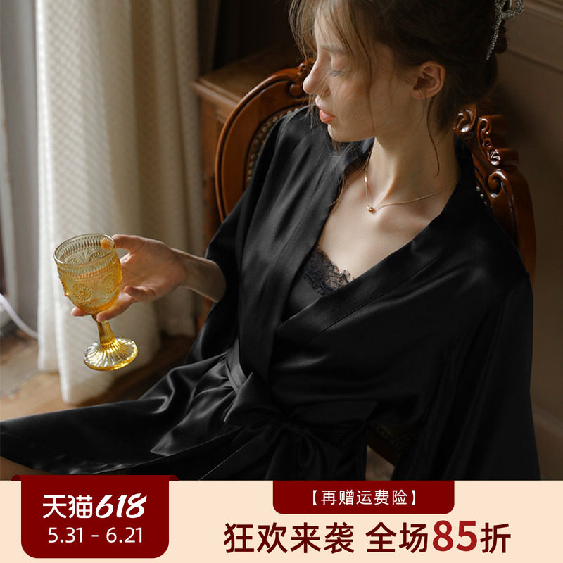 桑蚕丝睡袍女夏七分袖睡衣开衫薄外套真丝黑色浴袍纯色女士家居服