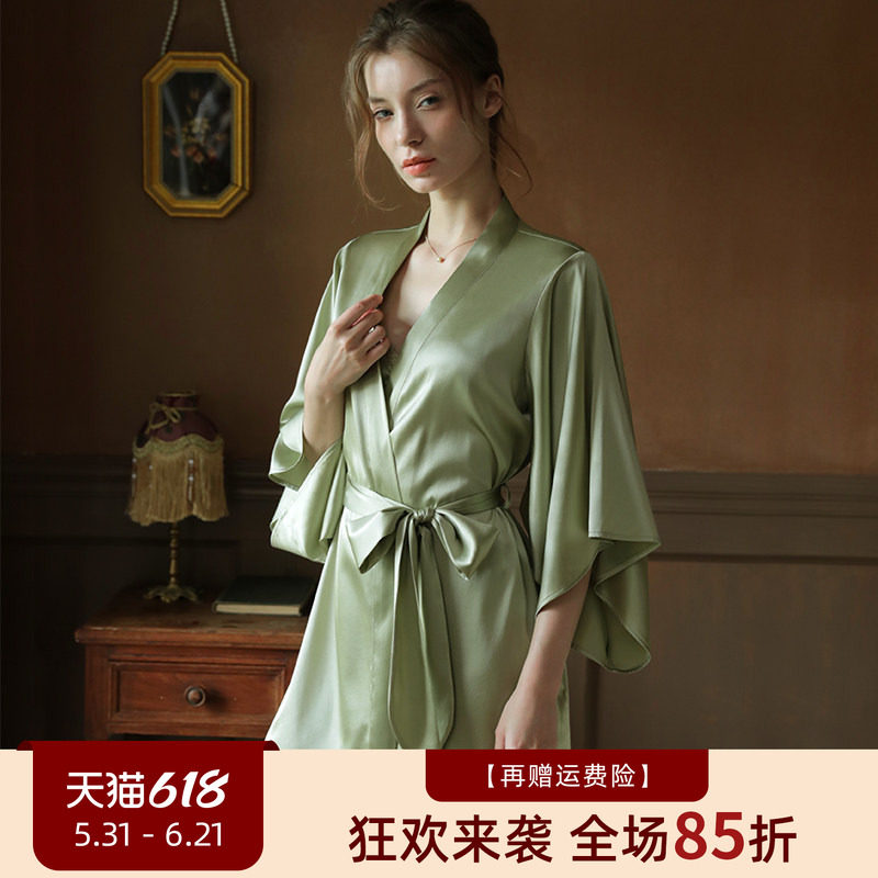 2025年新款牛油果绿真丝婚礼晨袍浴袍桑蚕丝睡衣女丝绸睡袍家居服