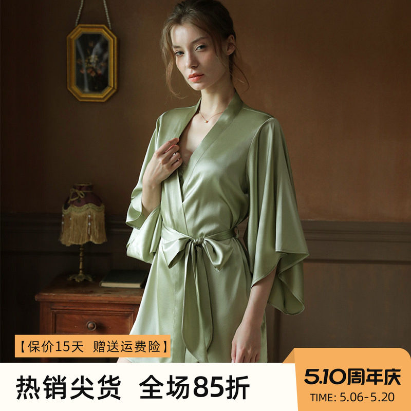 2025年新款牛油果绿真丝婚礼晨袍浴袍桑蚕丝睡衣女丝绸睡袍家居服