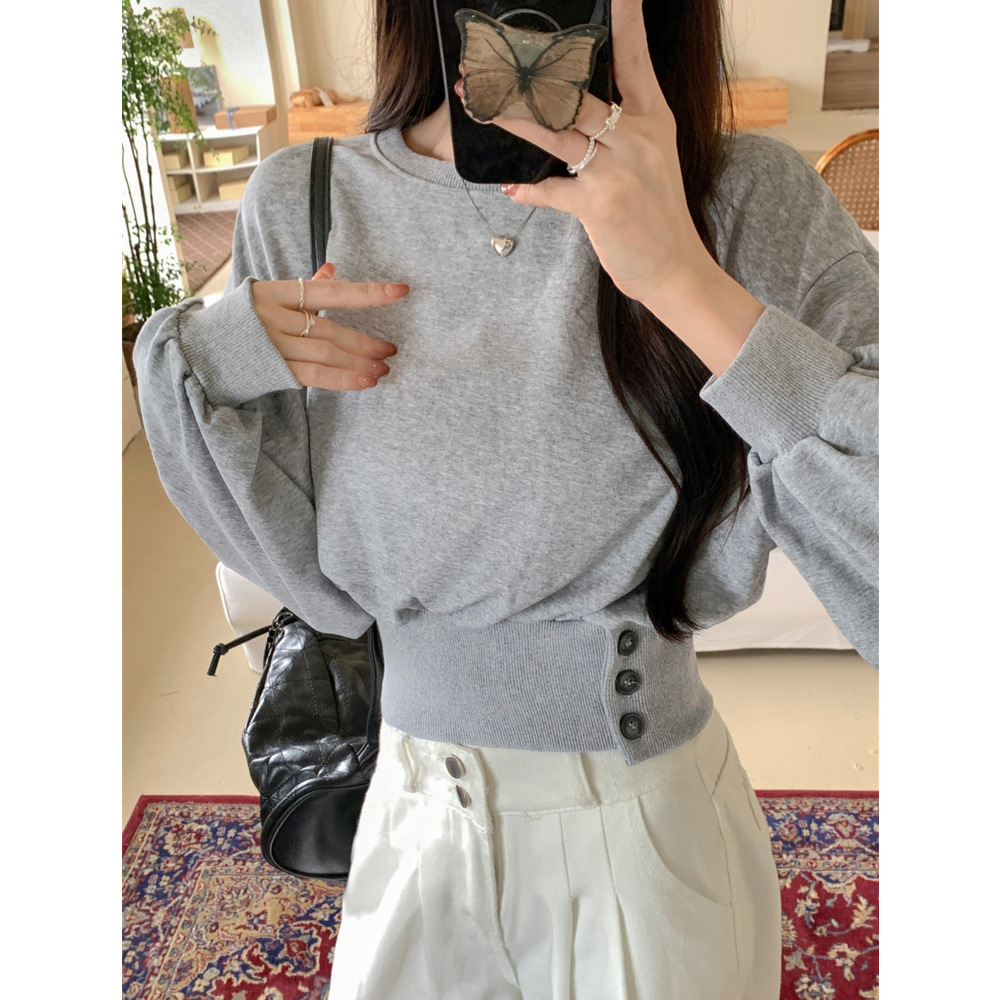 欧美风实拍纯色短款收腰圆领卫衣女秋季薄款百搭宽松无帽长袖上衣