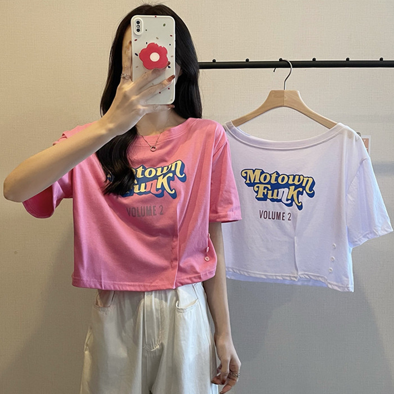 跨境棉质一字肩短袖T恤女夏装宽松学生百搭小众短款上衣服