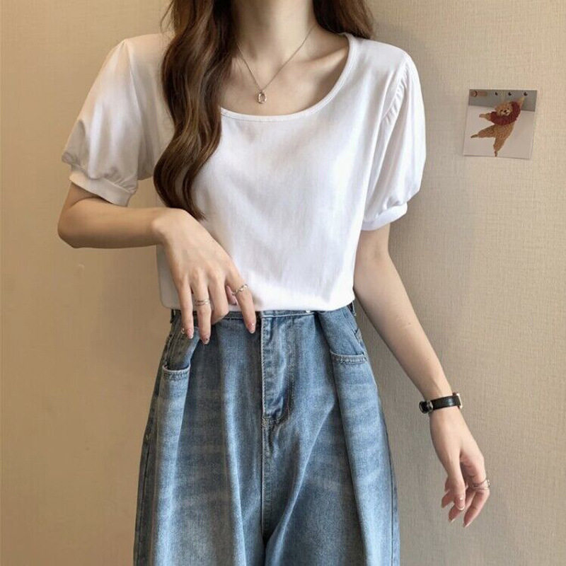 外贸实拍糖果色纯棉短袖T恤女夏季百搭小个子泡泡袖短款半袖上衣