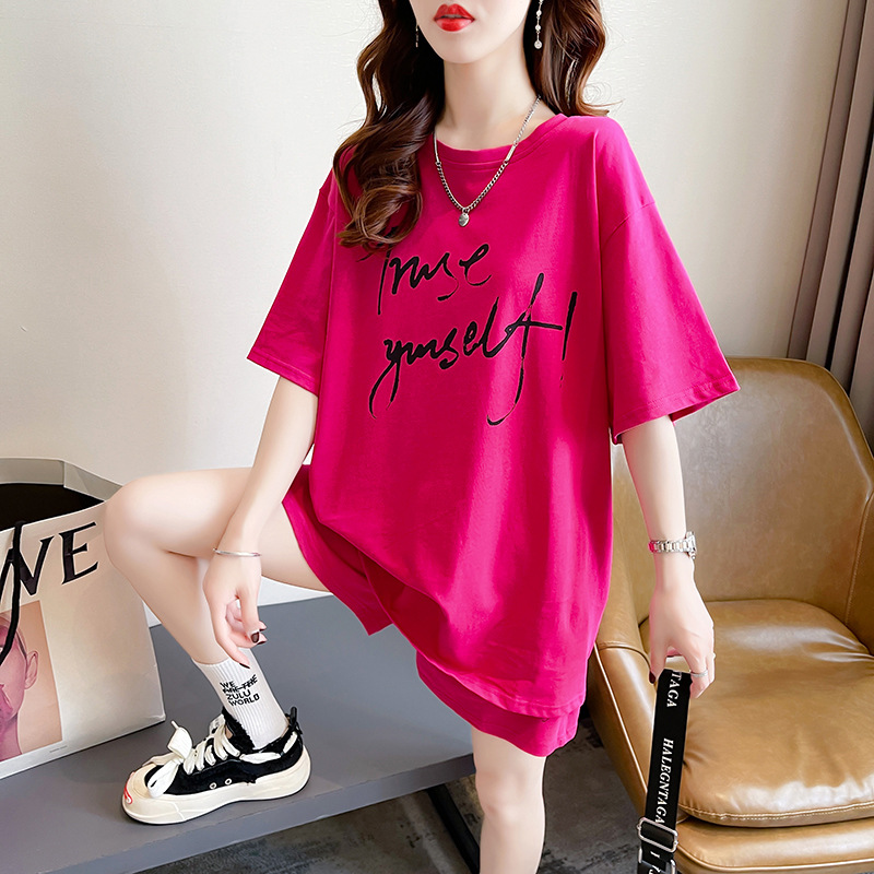 跨境实拍时尚休闲运动套装女夏季大码宽松短袖短裤跑步两件套