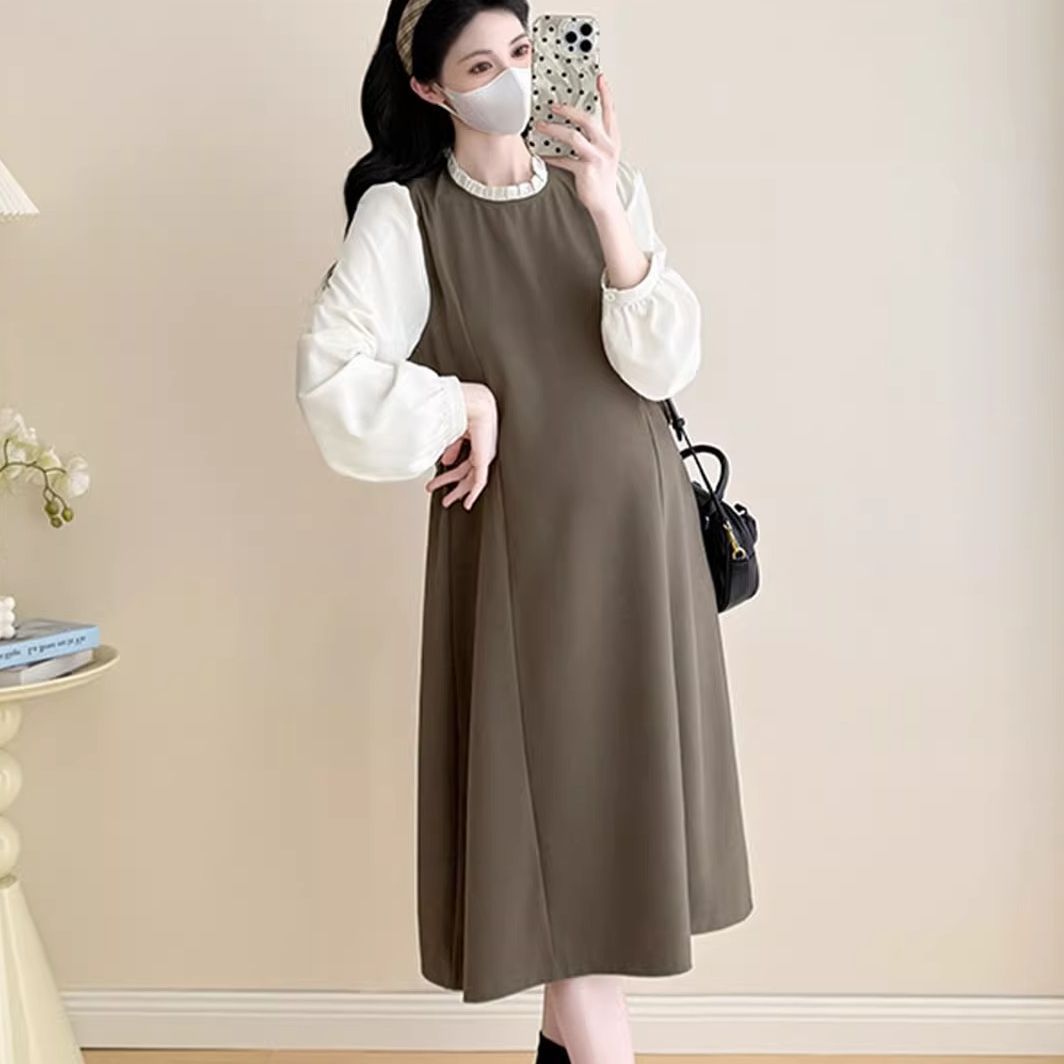 秋装显瘦假两件拼接长袖裙子孕妈妈孕妇装连衣裙新款潮法式穿搭