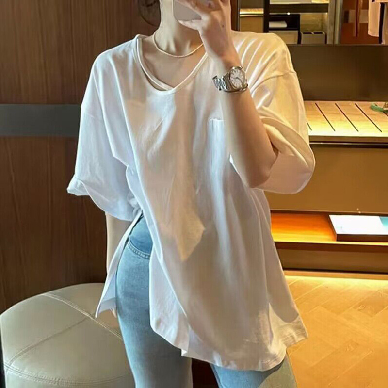 棉质实拍下摆开叉短袖T恤女夏宽松百搭设计感小众别致上衣半袖