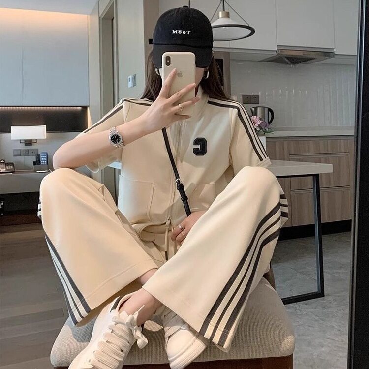 2025韩版夏季时尚小个子休闲运动套装女修身显瘦短款阔腿裤两件套