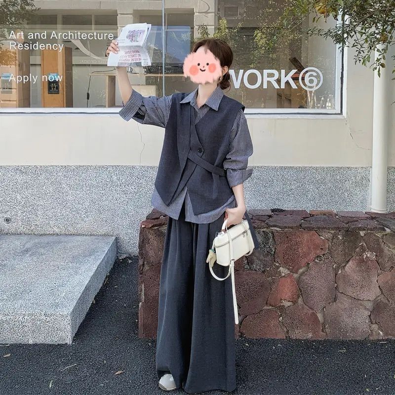 大码胖MM女秋季新款长袖套装遮肉宽松洋气减龄衬衫马甲显瘦三件套