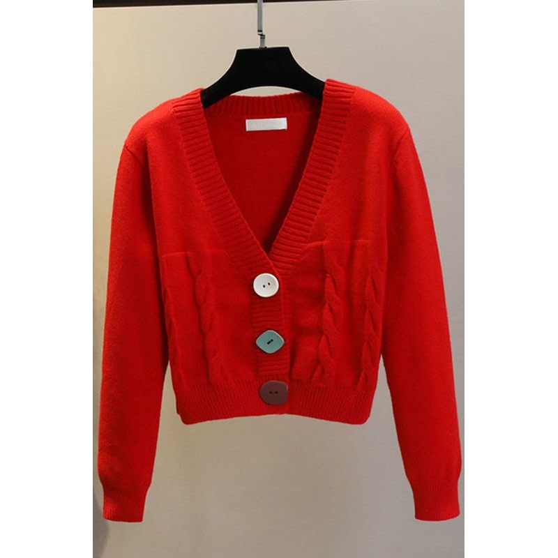 日系2022年秋装红色毛衣女外穿短款洋气小个子麻花针织开衫小外套
