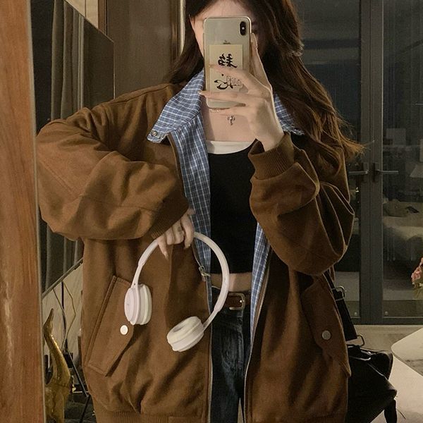 仿麂皮绒棒球服外套女春秋季2025新款美式复古格子拼接夹克ins潮