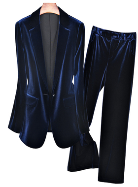 藏蓝色春秋面试职业套装高级感洋气金丝绒气质修身时尚通勤女西装