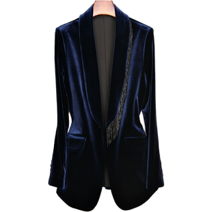 2025春秋新款丝绒藏蓝色流苏时尚气质女装主持大牌阔腿裤面试套装