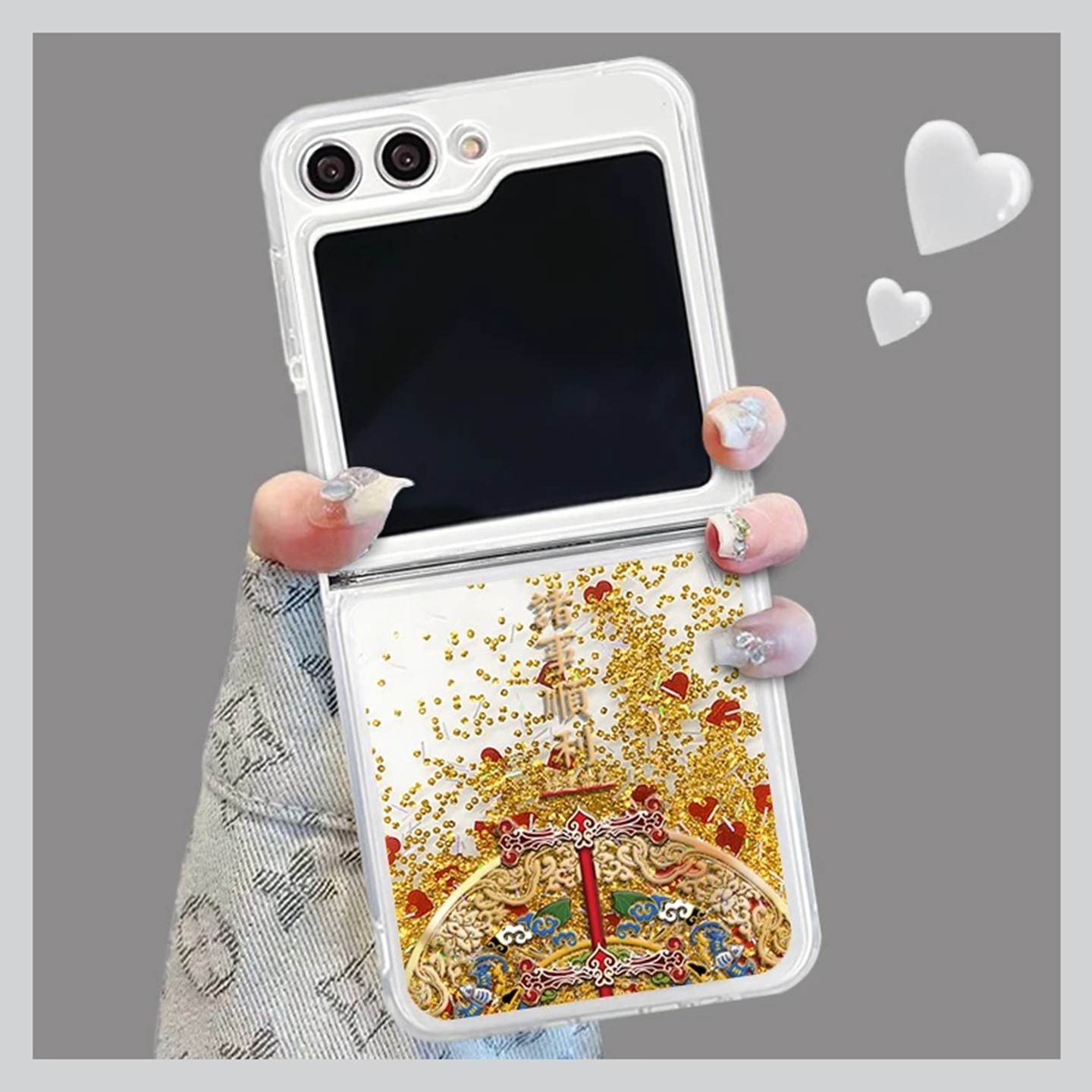 诸事顺利折叠流沙壳适用三星zflip6手机壳新款简约可爱高级三星zflip5外壳硅胶防摔金色流沙透明保护套女款