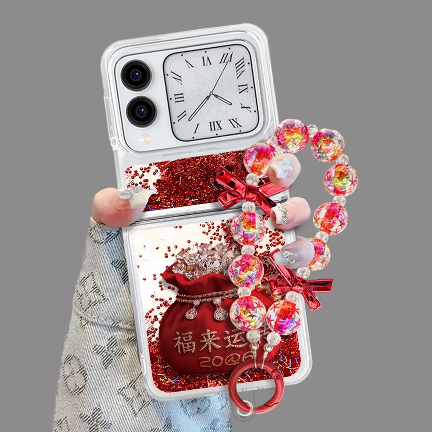 2026福来运转折叠流沙壳适用华为novaflip手机壳新款简约高级pocket2外壳硅胶防摔带手链流沙透明保护套女款