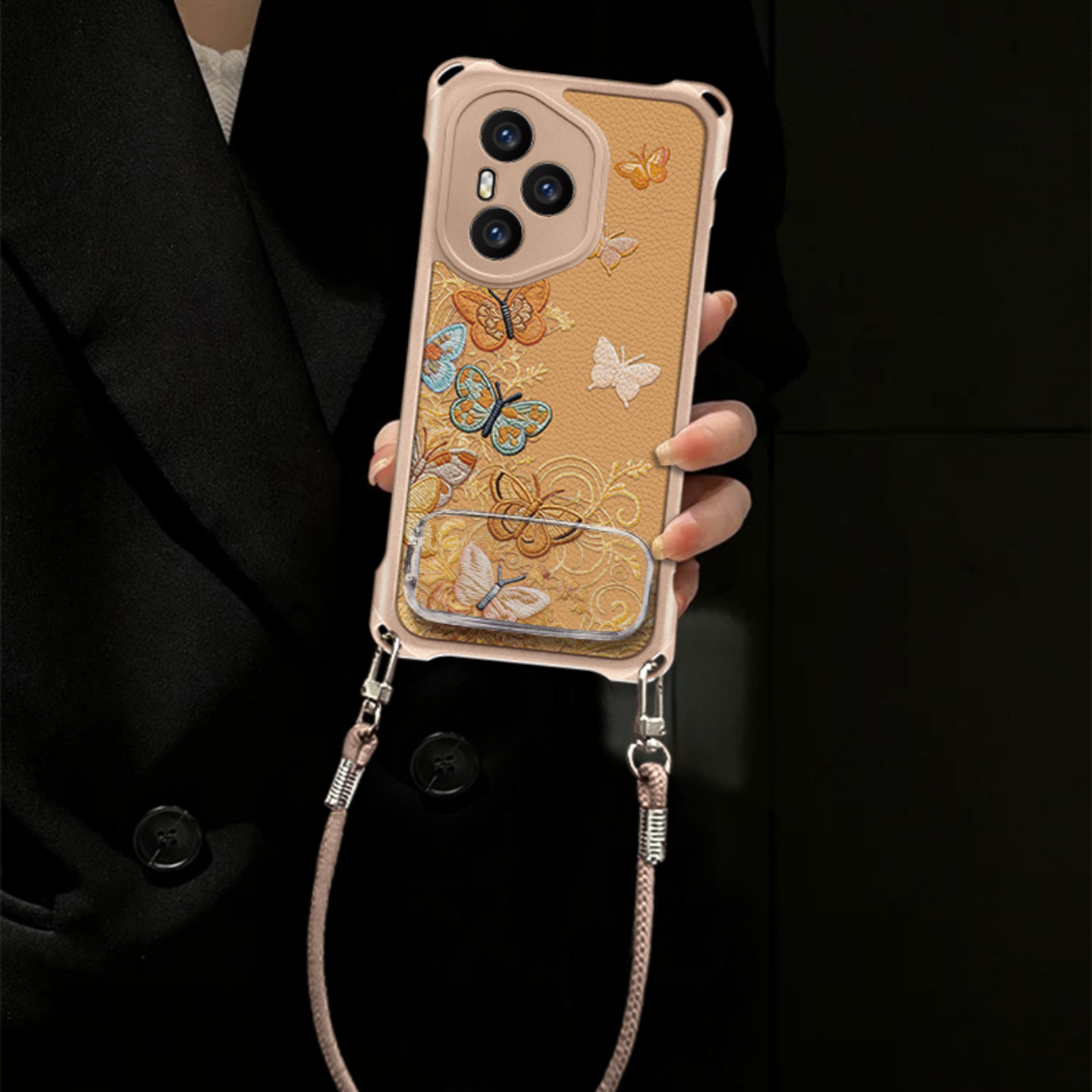 多彩蝴蝶四角挂绳壳适用荣耀400pro手机壳新款简约高颜值荣耀500/300/200外壳带手链镜子支架荣耀400保护壳女