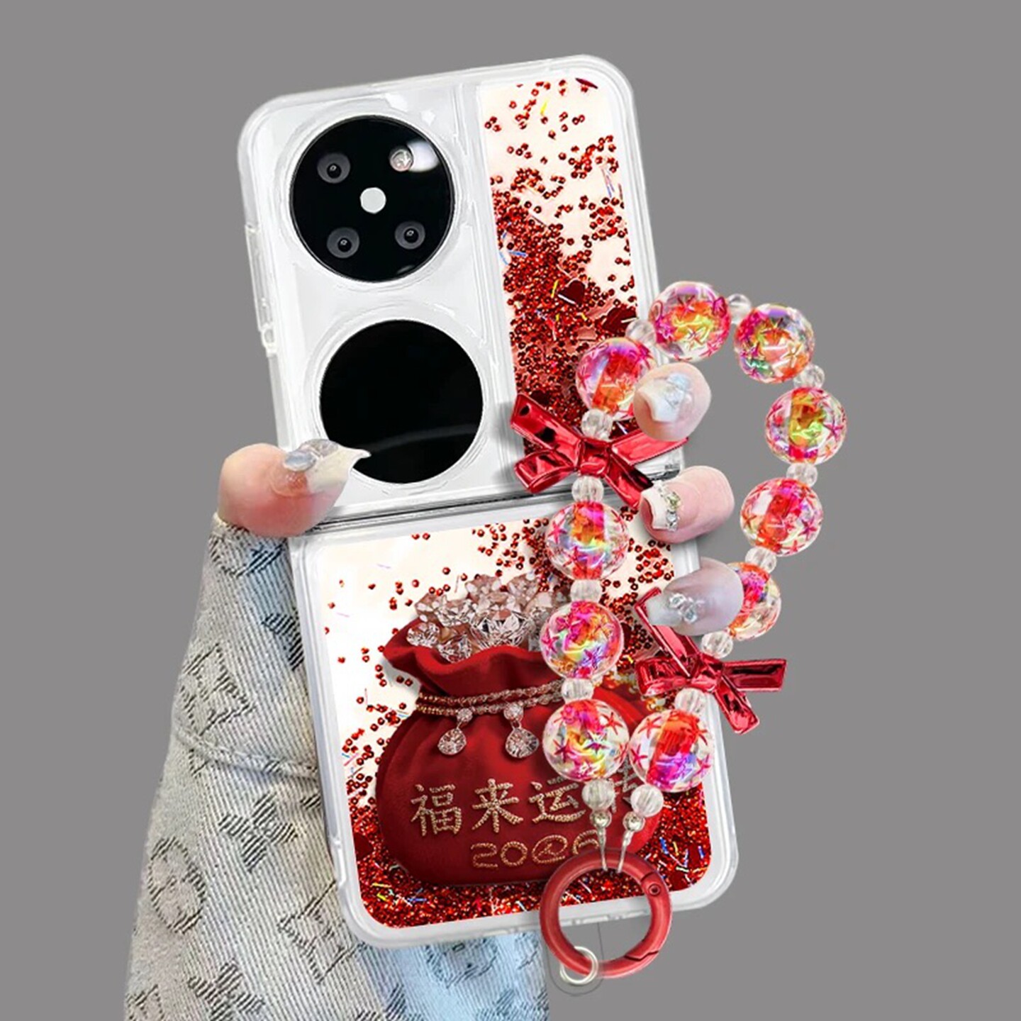 2026福来运转折叠流沙壳适用华为pocket2手机壳新款简约高级p50pocket外壳硅胶防摔带手链流沙透明保护套女款