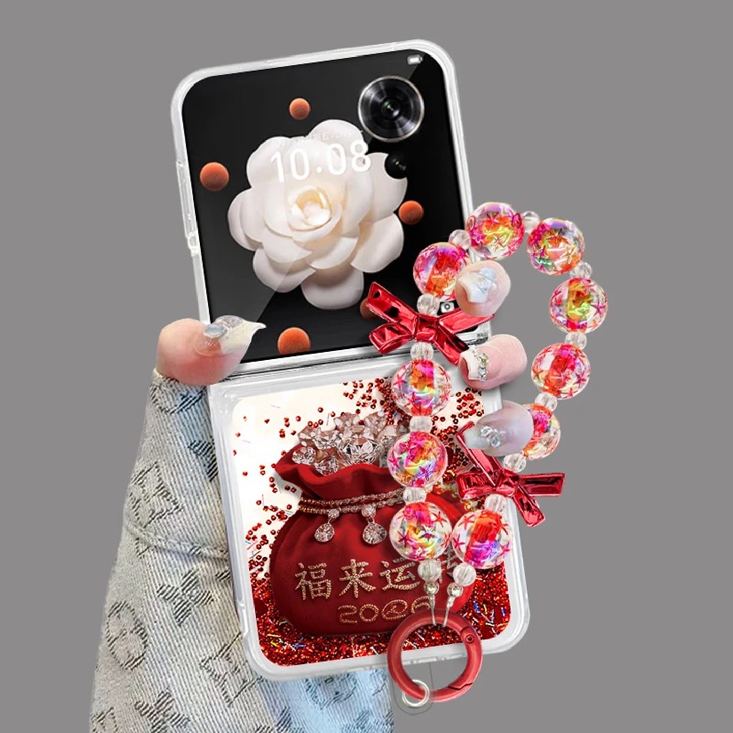 2026福来运转折叠流沙壳适用荣耀magicvflip手机壳新款简约高级purax外壳硅胶防摔带手链流沙透明保护套女款