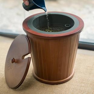祥福茶水桶功夫茶具配件茶道零配储水桶竹制废水桶家用茶渣桶带盖
