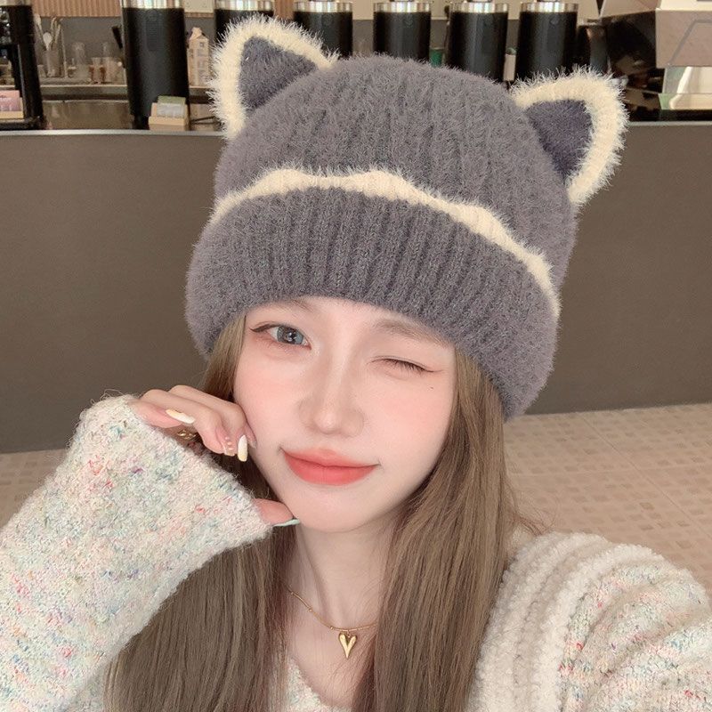 小猫耳朵毛绒帽子女款冬
