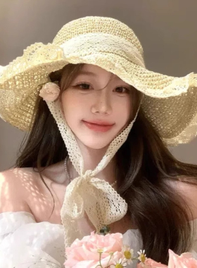 夏季防晒帽子女2025新款海边度假大檐草编渔夫飘带草帽帽檐全脸