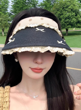 日系蕾丝花边空顶草编帽子女款2025新款大檐防晒帽防紫外线太阳帽