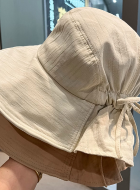 夏季日系防晒渔夫帽女简约纯色韩版蝴蝶结盆帽出游防紫外线遮阳帽