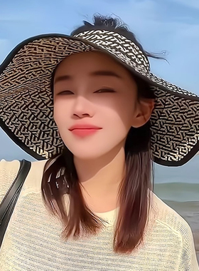 大帽檐草编空顶帽子女夏出游海边遮阳凉帽可折叠大头围防晒太阳帽