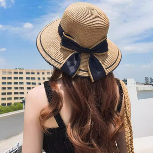 拉菲草帽女款 平顶防晒遮阳帽海边沙滩拍照渔夫帽子草编编织帽 夏季