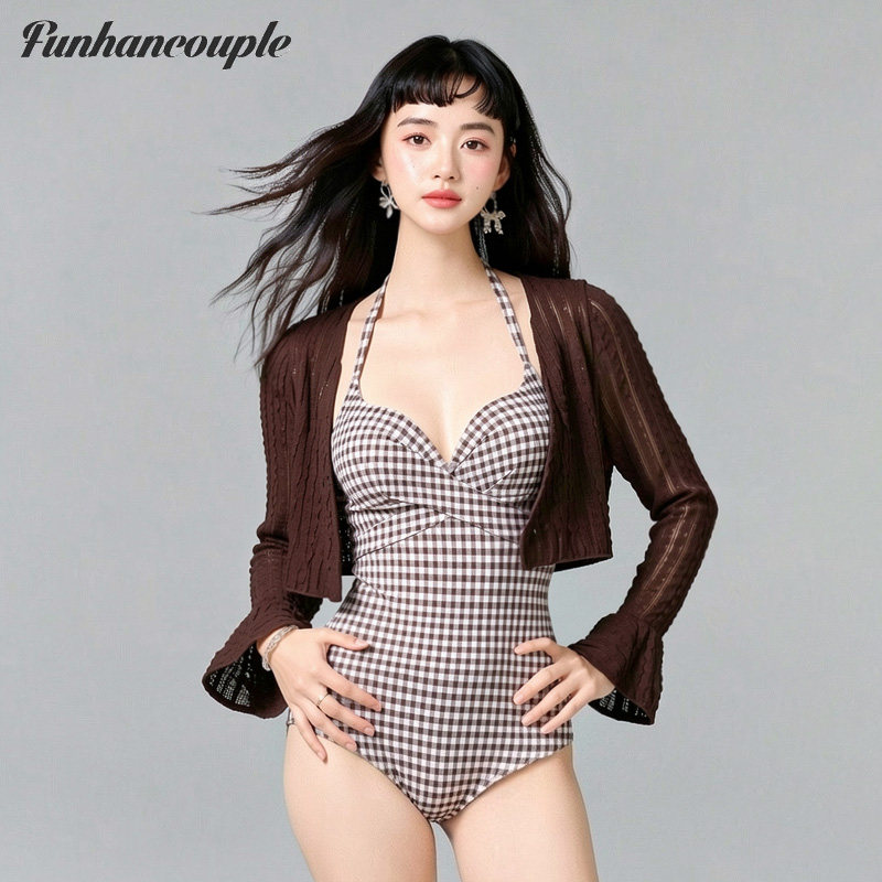 Funhancouple复古格子连体泳衣女2026新款纯欲聚胸度假游泳衣夏