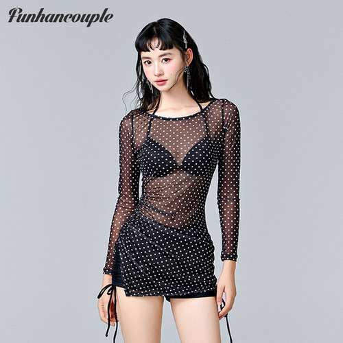 Funhancouple比基尼泳衣女黑色长袖防晒显瘦泡温泉分体遮肚沙滩夏