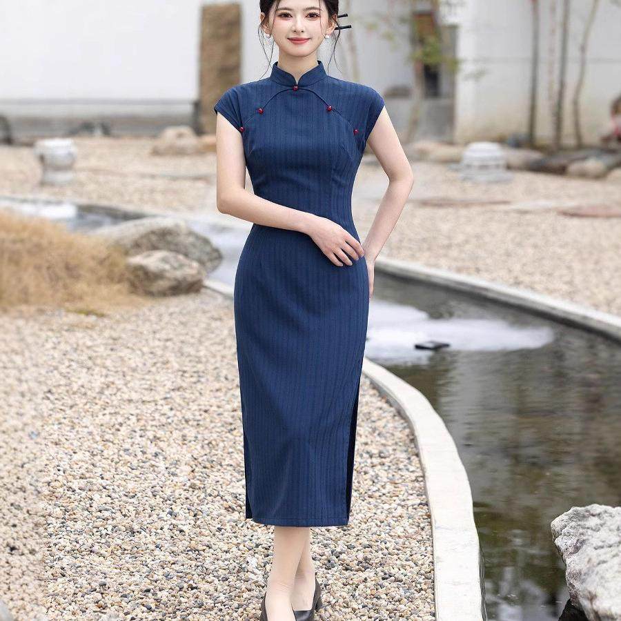 吾伴你蓝色条纹国风中式长款旗袍