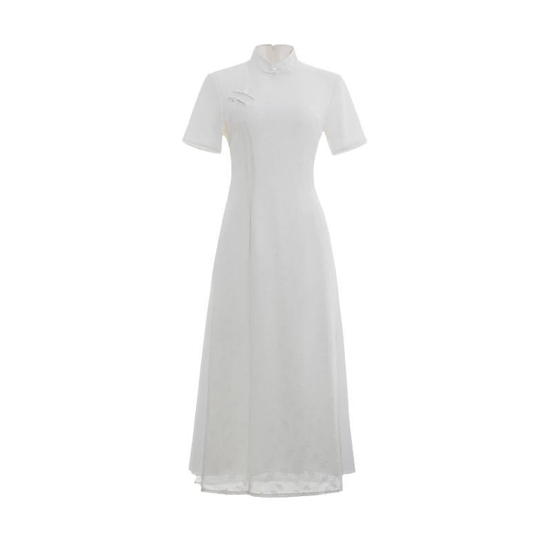 夏季中国风白色长款旗袍茶服日常