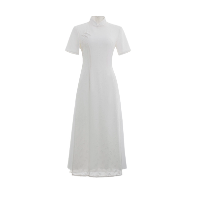 夏季中国风白色长款旗袍茶服日常