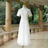 禅意仙气茶服连衣裙女 改良文艺复古中式 夏季 中国风白色旗袍中长款