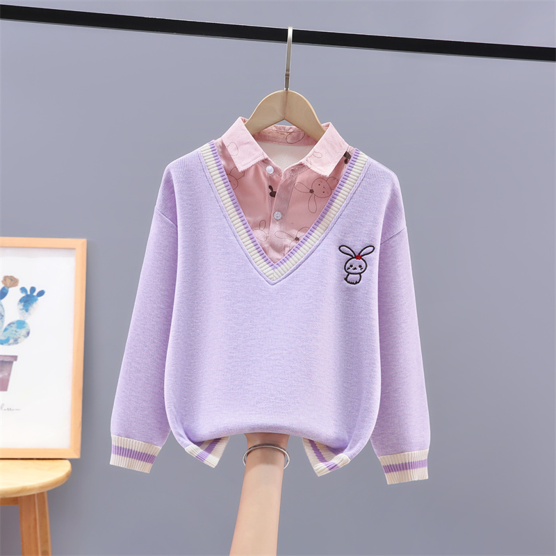 女童学院风假两件卫衣一体绒中大童紫色polo领兔子刺绣上衣学生