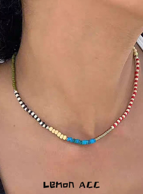 复古游园会*玉石彩色拼接串珠项链度假小众锁骨链可爱男女款